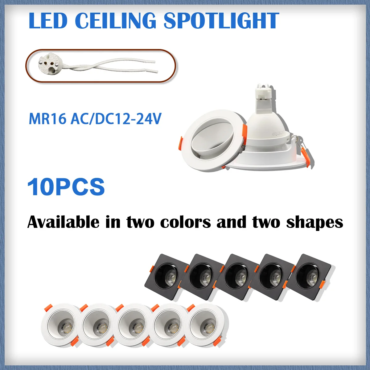 10PCS LED Niederspannung Deckenstrahler AC DC 12V Quadrat Rundlicht Kit 8W MR16 Einstellbar Weiß Schwarz Gu5.3 Lampenfassung