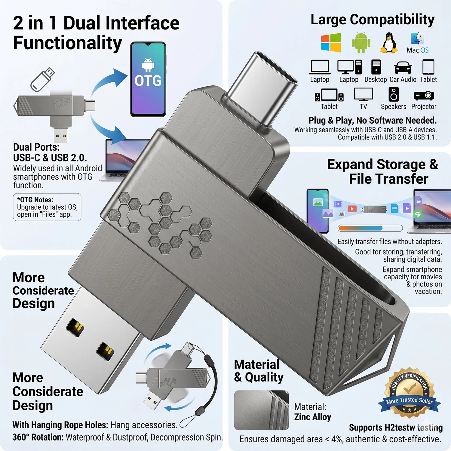 Clé USB 2 en 1 haute vitesse, clé USB OTG type C, interfaces USB A pour MacBook, Android, clé USB OTG, clé USB Micro USB