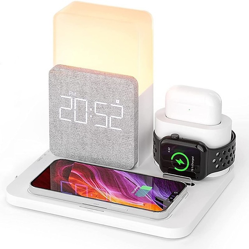 6-in-1 Wireless Charging Station, Fast Charger for iPhone, Apple Watch AirPods, Digital Alarm Clock with 3-Level Dimmable Night Light Touch Control, Bedside Charging Dock for Nightstand Office