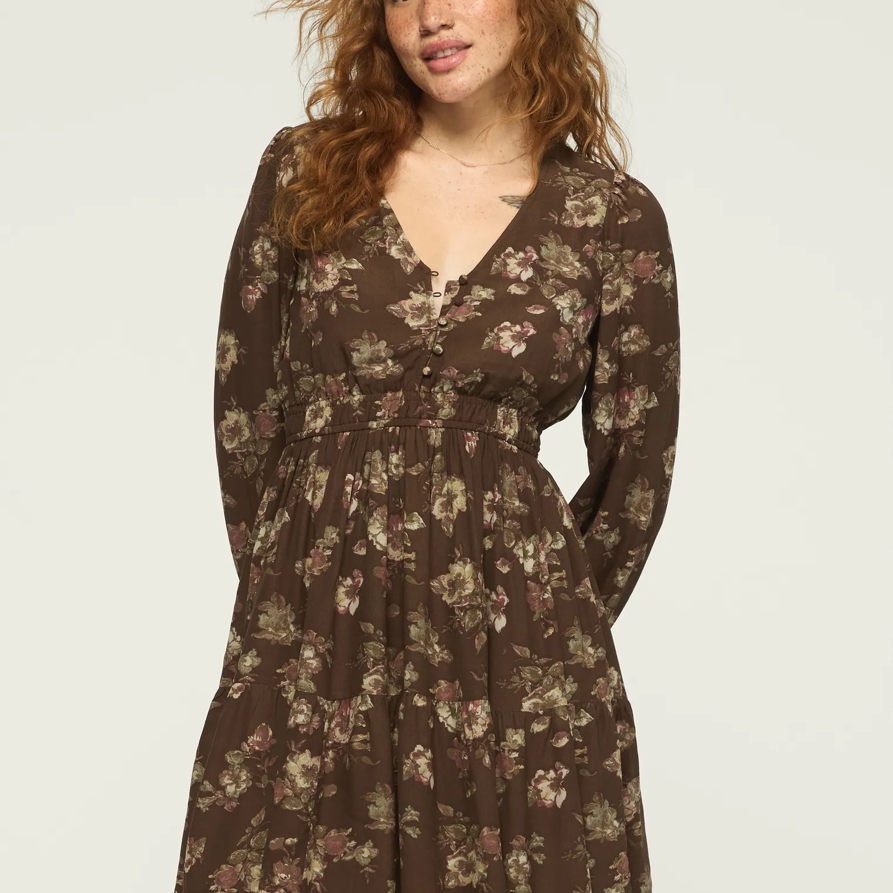 Lucky Brand Long Sleeve Smocked Waist Mini Dress - Women's Clothing Dresses Mini Dress in Taupe Floral, Size XL - Lucky Brand