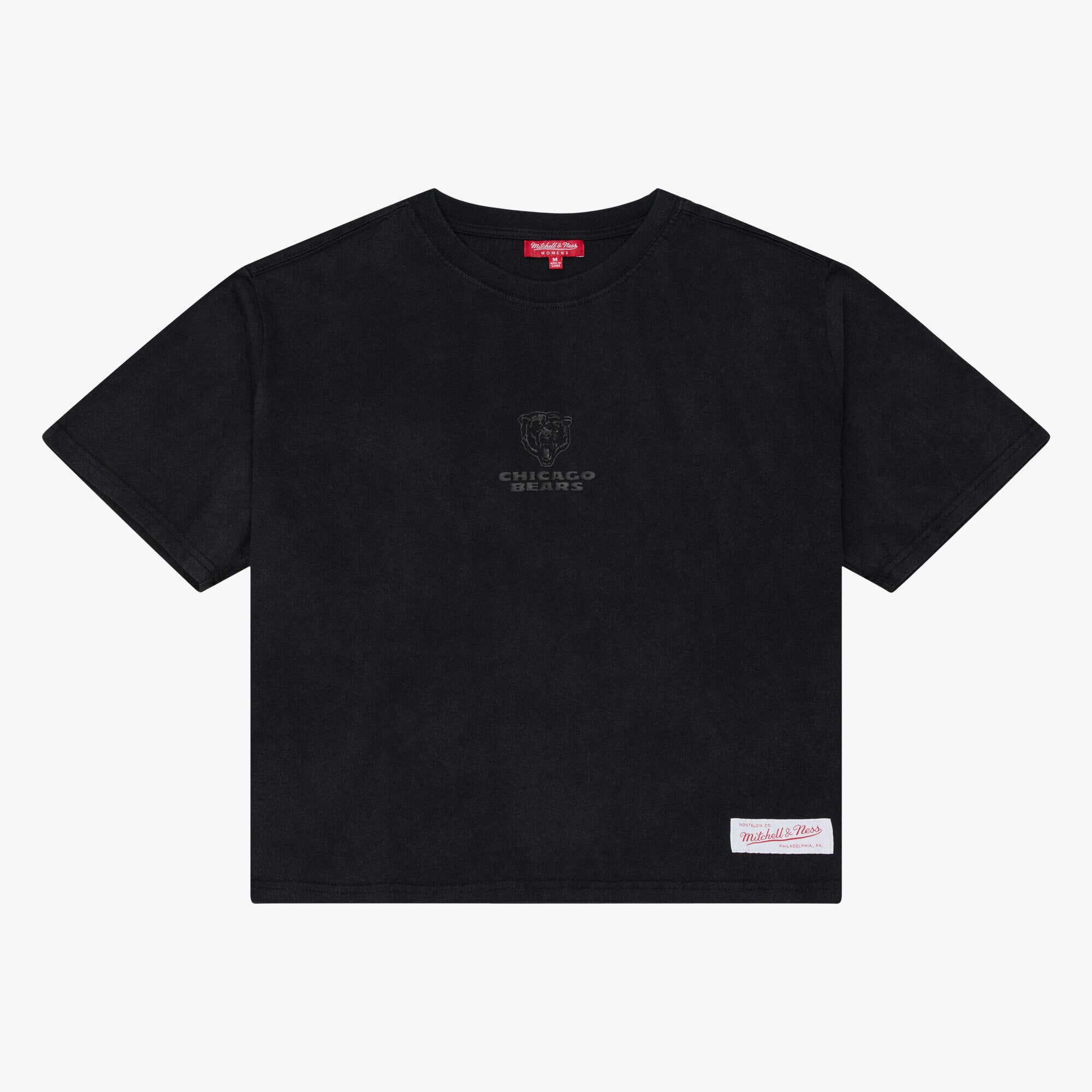 Mitchell & Ness Damen-T-Shirt mit schwarzem Chicago Bears Core Essentials Micro-Logo, kastenförmig geschnitten