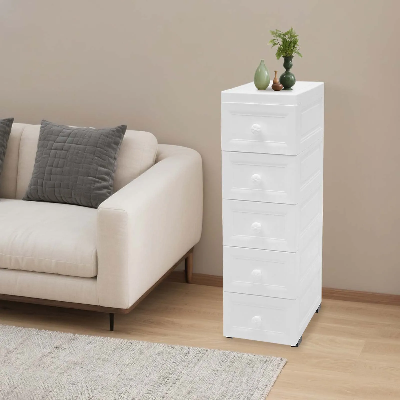 Schubladenschrank auf Rollen, Seitenschrank mit 5 Schubladen, Badezimmerschrank, wasserdichter schmaler Schubladenschrank für Kinderspielzeug, Büro, Wohnzimmer