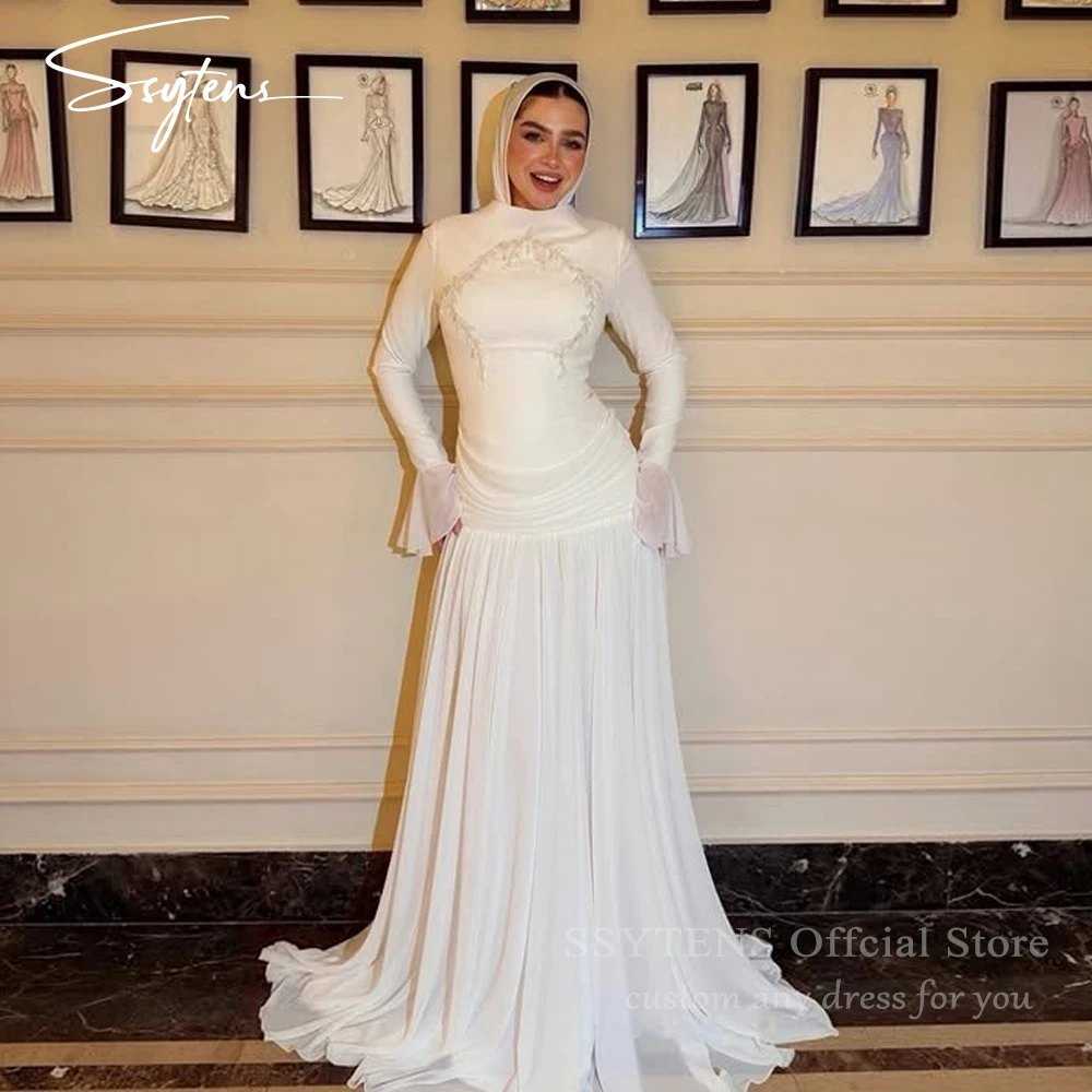 SSYTENS Luxury Long Evening Dresses Appliques A-Line Long Sleeves Prom Dresses Modest Ruched Dubai Formal Prom Gowns Customize