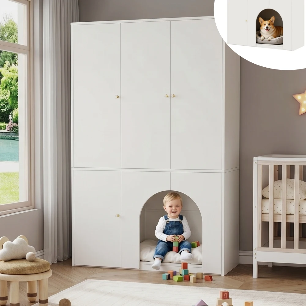 3-türiger freistehender hoher Kleiderschrank mit Kleiderstange, weiß, Kinderzimmermöbel, kinder- und haustierfreundlich, großer Kleiderorganizer, Schrank für Schlafzimmer und Spielzimmer, 120 × 50 ×