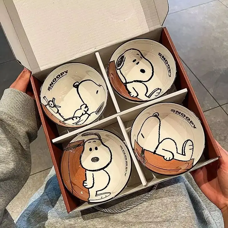 New Cute Snoopy Tableware Ceramic Bowl Beautiful And High-Value Kawaii Set Bowl Anime Cartoon Household Tableware Suit Gift