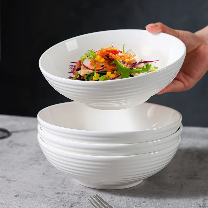 7 Inch White Ribbed Ceramic Bowl Set of 4 Large Household Noodle Soup Serving Tableware