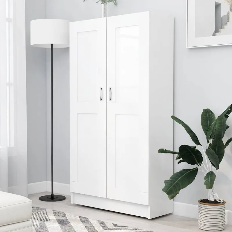 Bücherschrank Weiß 82x30x150 cm, 4 Fächer, 2 Türen, Kippschutz, für Wohnzimmer, Büro, Flur, modern, platzsparend
