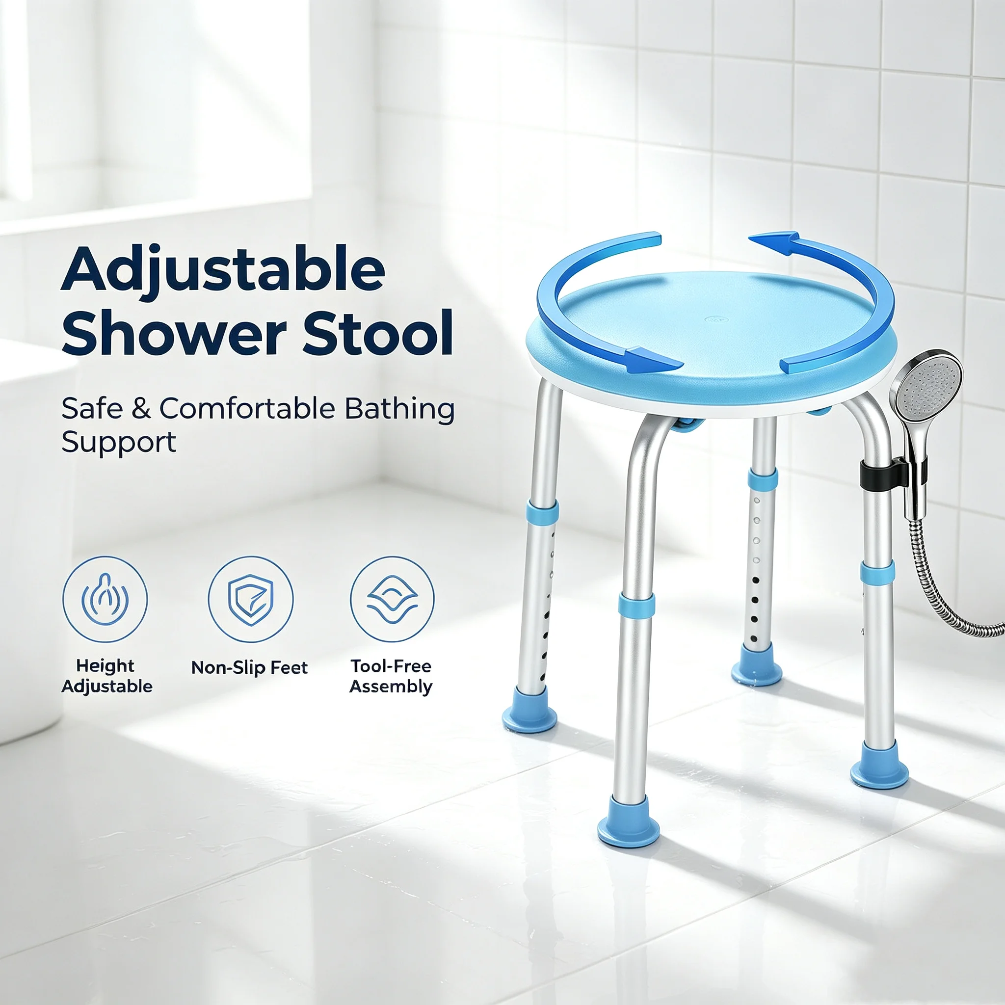 Drehbarer Duschstuhl für die Dusche, Verstellbarer Runder Duschhocker mit Rückenbürste, Duschsitz für die Badewanne