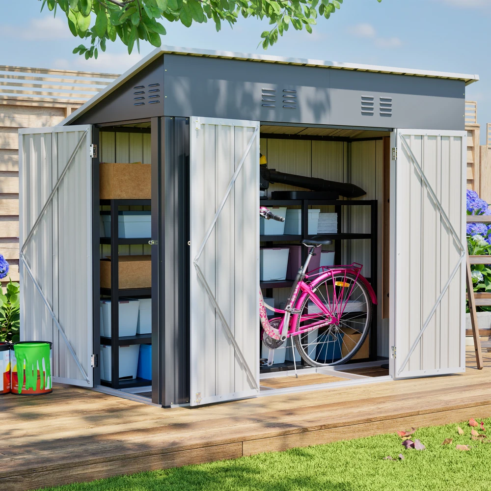 Robuster grauer Metall-Gartenschrank 4x8FT, abschließbar, mit Doppeltür, Werkzeug-Organizer, wasserdichtes Mehrzweck-Lagerregal, multifunktionale Aufbewahrungseinheit für Gartenwerkzeuge und