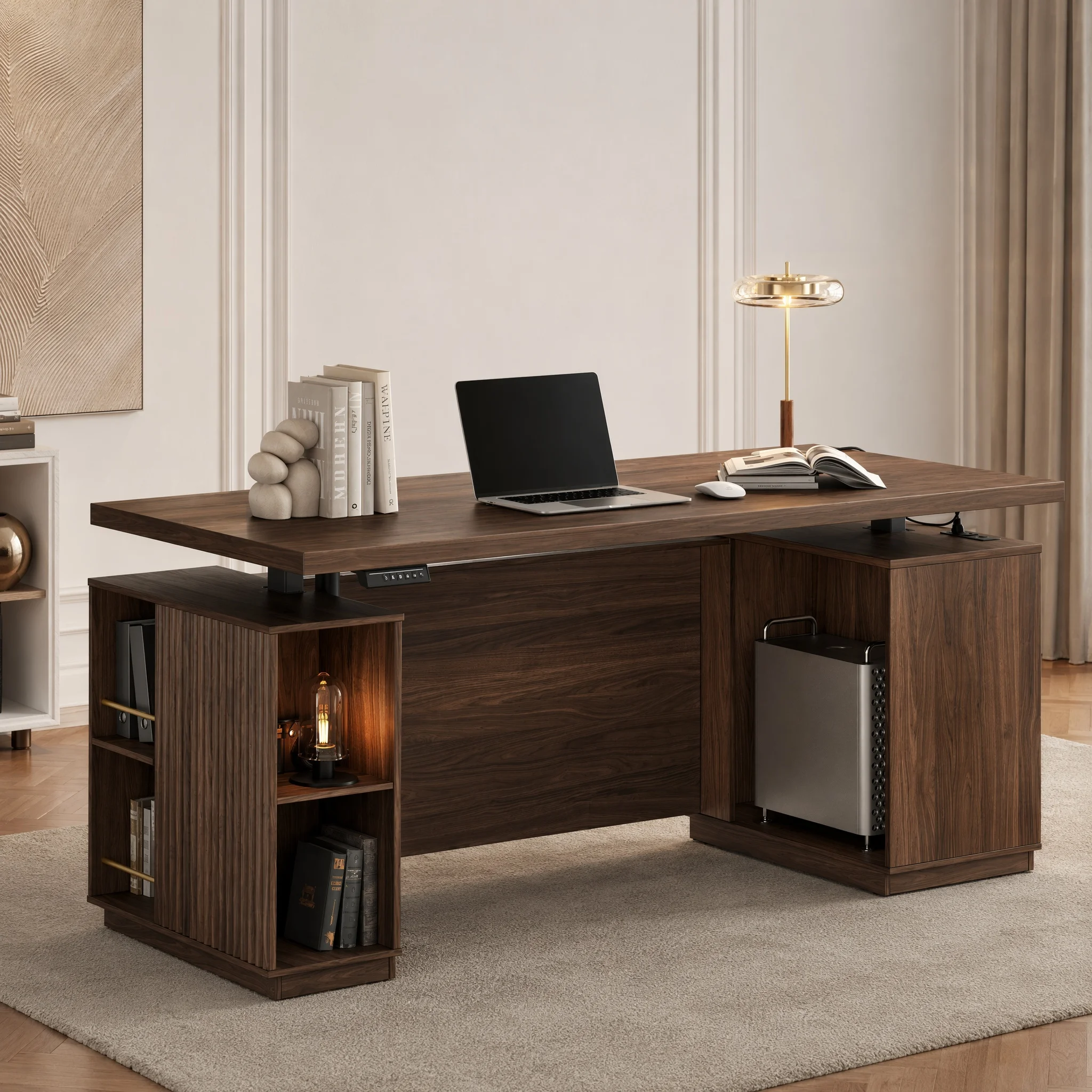 Elektrisch höhenverstellbarer Schreibtisch 178 × 76 cm mit Stauraum | AC- & USB-Ladeanschlüsse, Sichtschutzblende, 4 Speicherplätze, Einteilige Tischplatte, Kollisionsschutz
