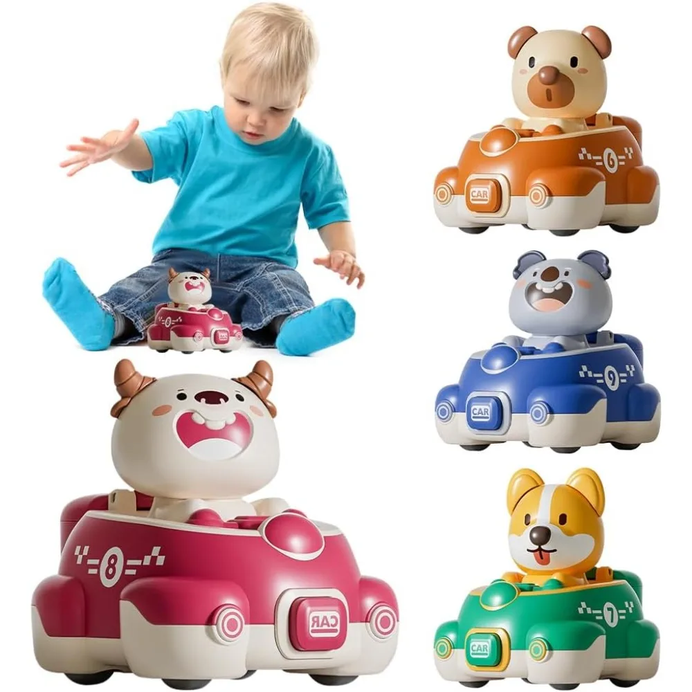 Tier-Baby-Spielzeugautos, Drück-und-Geh-Fahrzeuge für Kleinkinder, Jungen und Mädchen, Aufzieh-Rennwagen mit Auswurf-Funktion, Geburtstagsgeschenk für Kinder