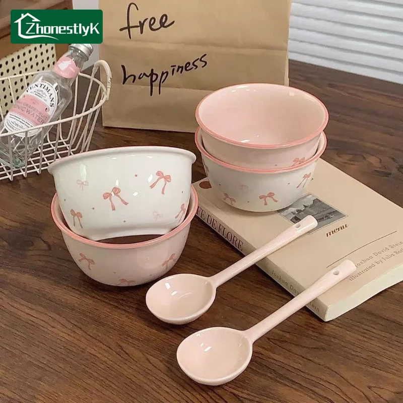 A Set of 4 Adorable Bow-patterned Tableware Cute Household Rice Bowl Eating Dishes Soup Yogurt Dessert Bowls