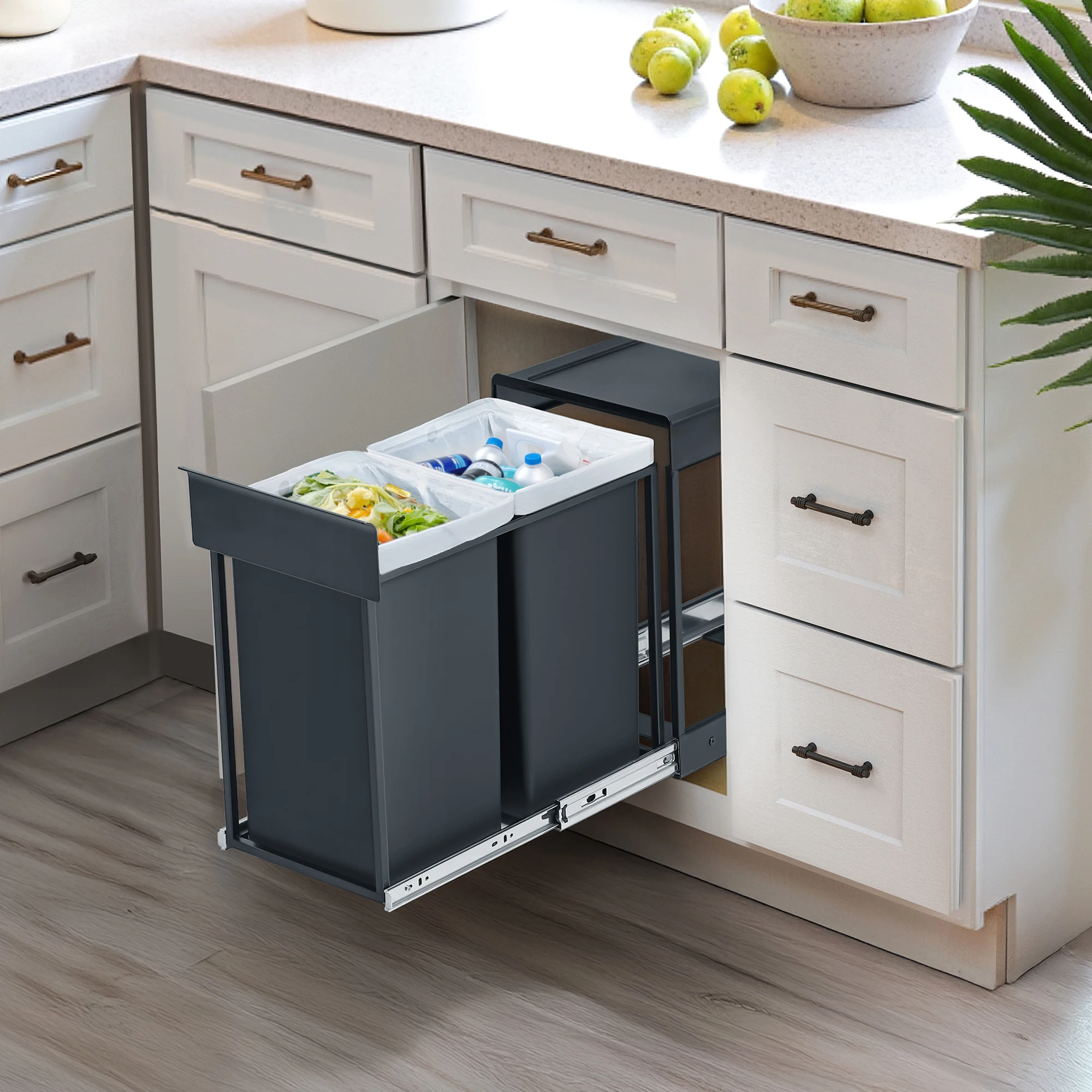 SONGMICS Mülleimer küche, Mülltrennsystem für Unterschrank, 2 x 15 L, Abfalleimer 2 Fächer, ausziehbar, Stahlrahmen, ABS-Deckel