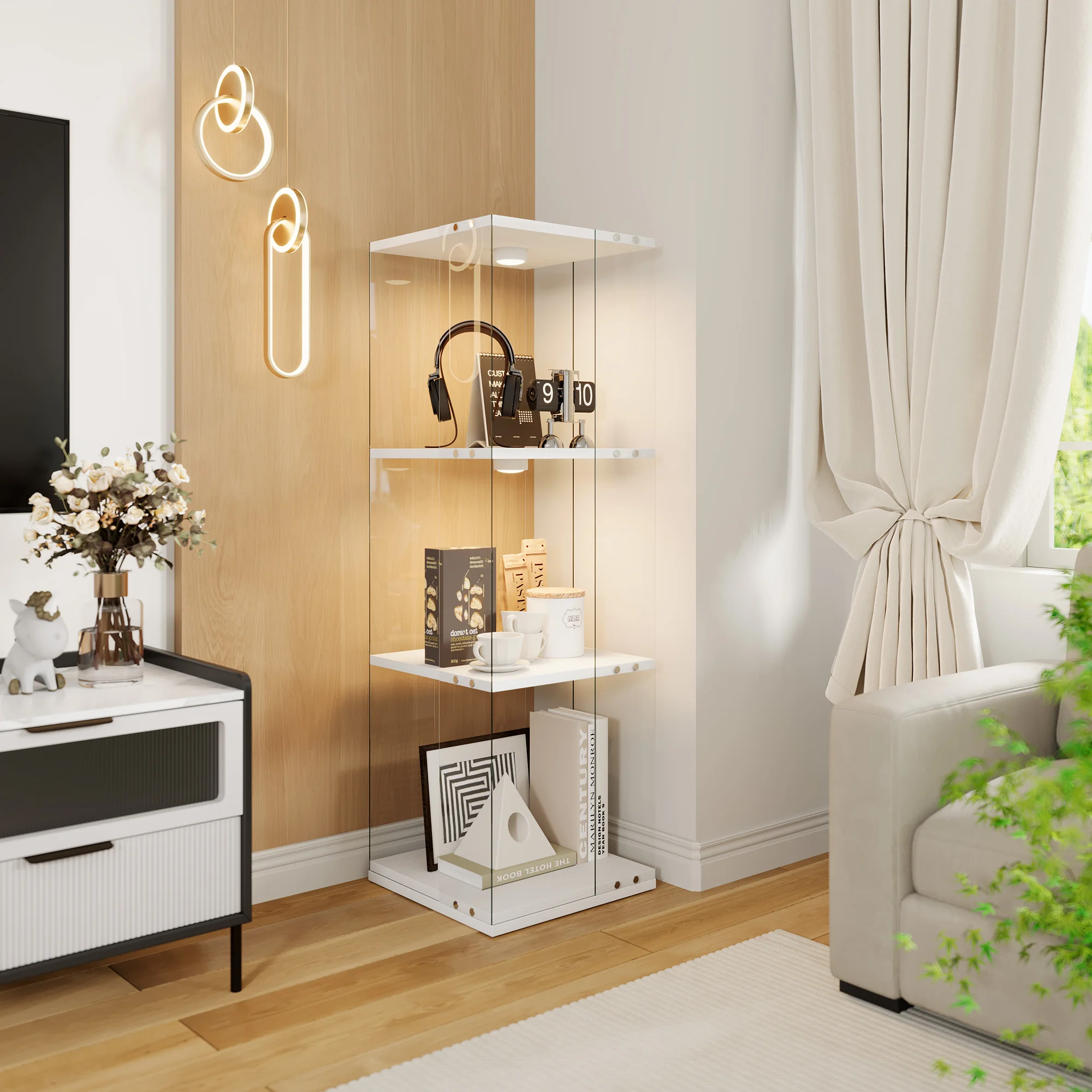 Vitrine 360 ° Drehbarer Vitrinenschrank aus gehärtetem Glas mit LED-Beleuchtung, 2-4 Etagen, Einzeltür-Vitrine, drehbares Weinregal für Figuren, Sammlerstücke, Hausbar-Deko