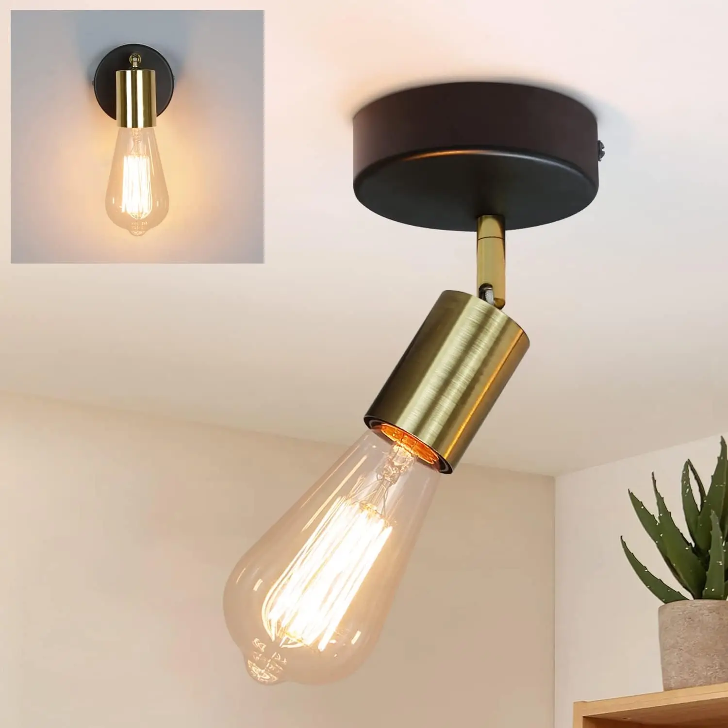 Deckenleuchte E27 Deckenlampe Schwarz-Gold Deckenstrahler Industrial 1 Flammig Vintage Wandstrahler Schwenkbar Modern Spotleuchte für Küche Flur Gänge Nachttisch Wohnzimmer Schlafzimmer