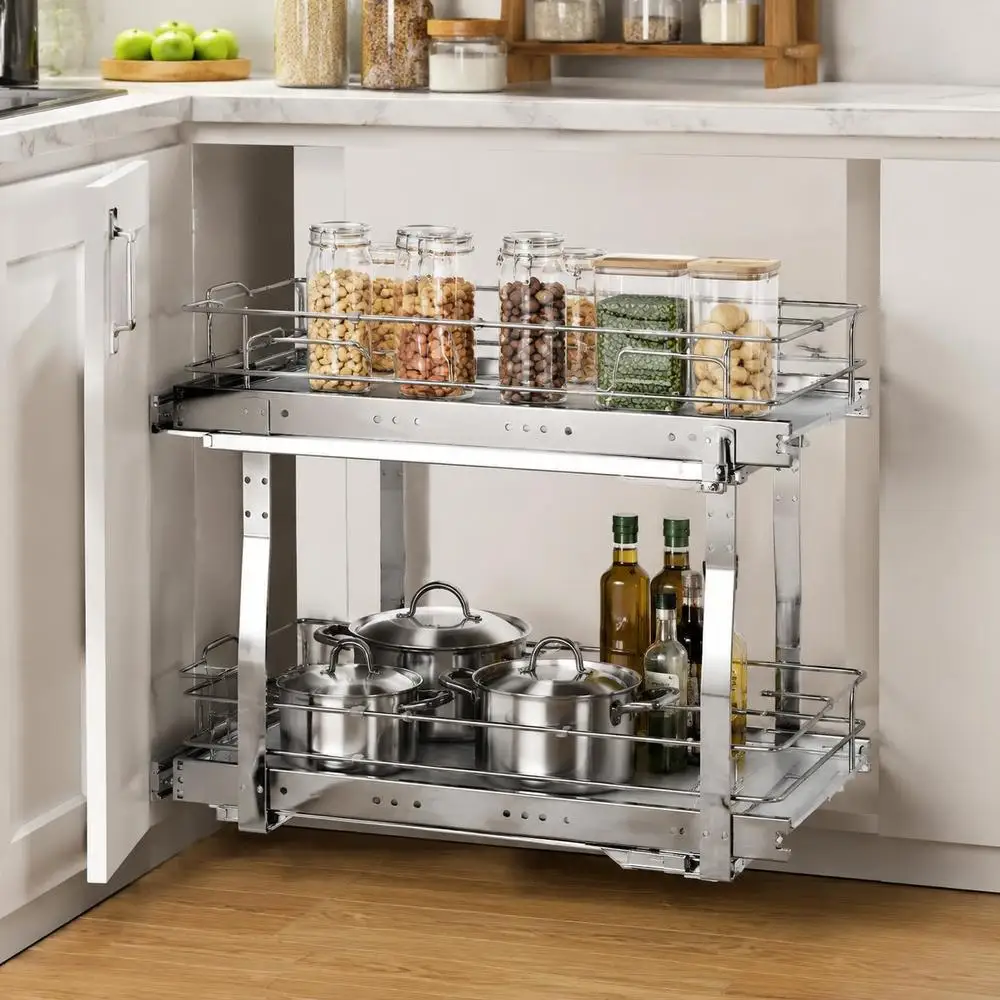 Ausziehbares Gewürzregal mit Doppelkorb, Küchenregal 393x558x457 mm für Spülenschrank, Unterschrank, Ausziehbarer Schubladenorganizer, Platzsparendes Design, Optimale Aufbewahrung