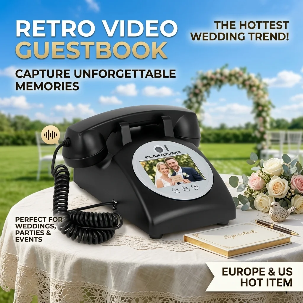 Retro Wedding Video Guestbook Phone 1080P Vintage Audio Message Recorder Telephone for Bridal Party Decor Blessing Voice Mail
