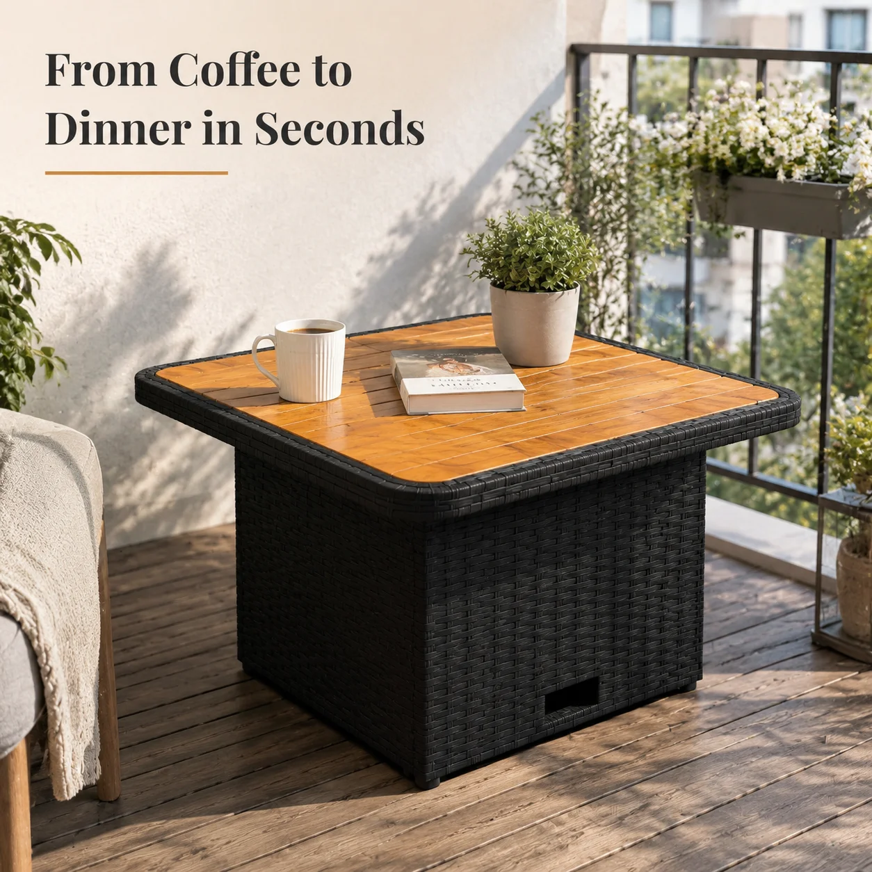 Gartentisch für den Außenbereich, 80 x 80 x 71 cm, schwarzes Polyrattan und Terrassenmöbel aus Akazienholz