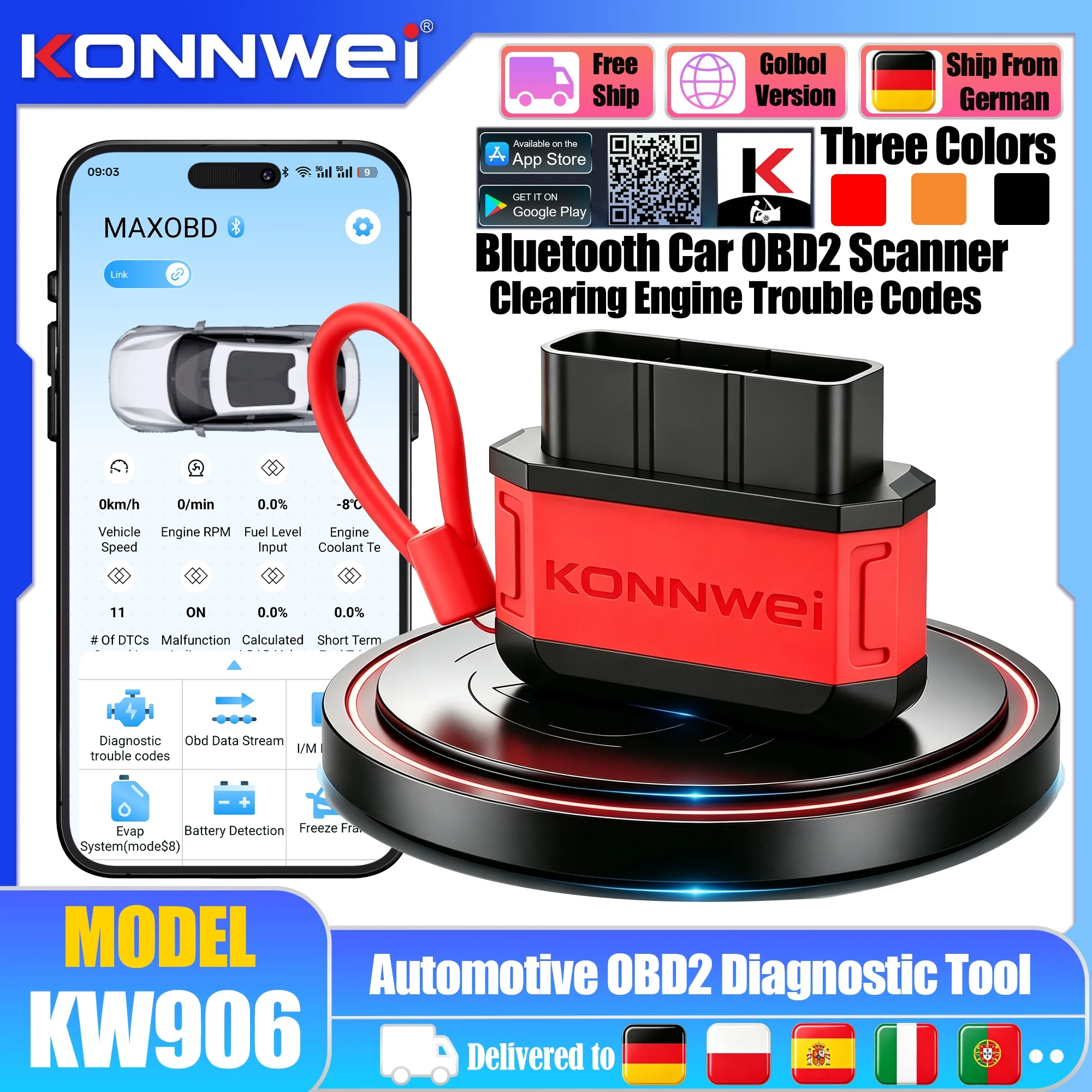 Lecteur de codes OBD2 Bluetooth KONNWEI KW906, outil de diagnostic automobile, lecteur de codes OBDII, vérificateur de voyant du moteur, détecteur de codes de panne du véhicule