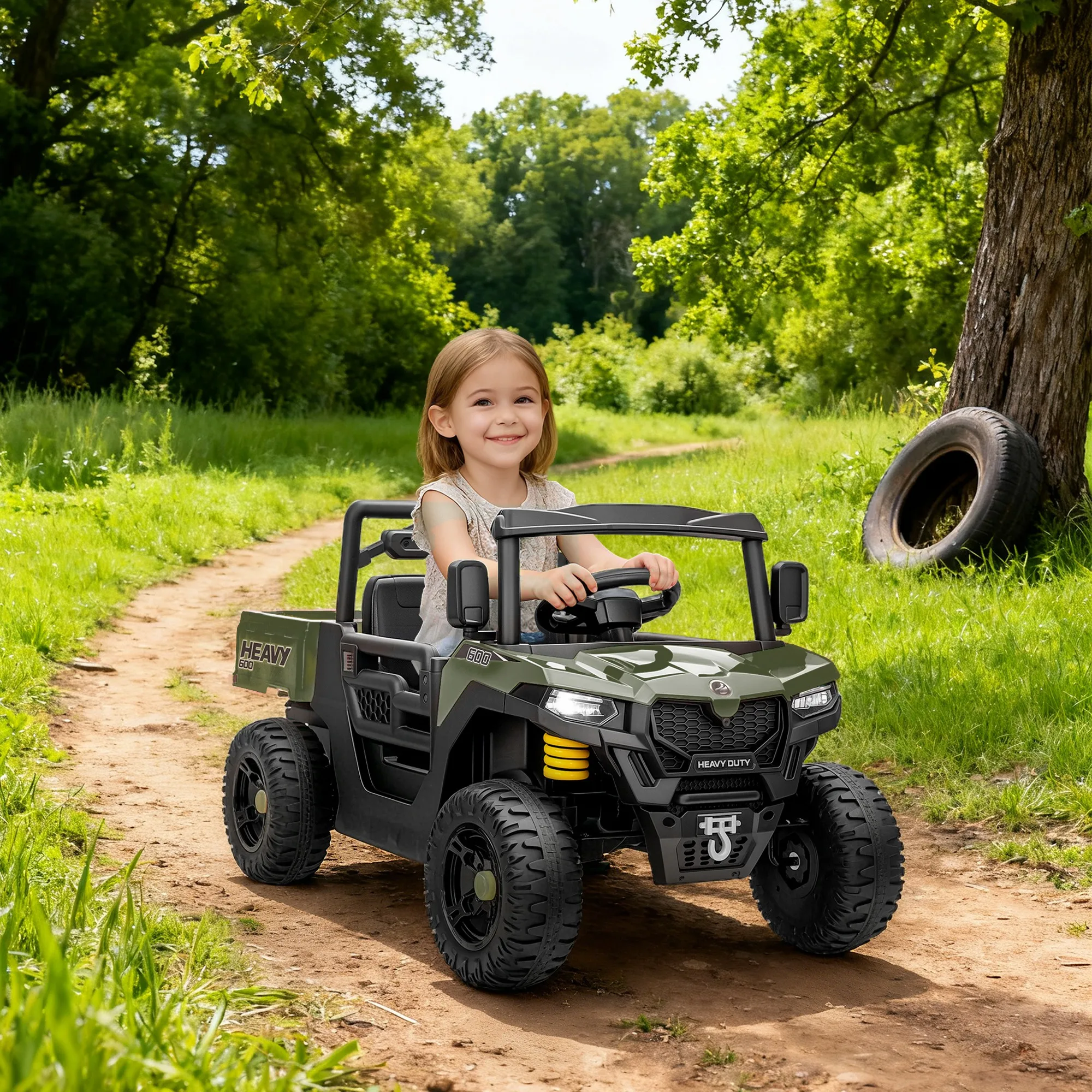 Voiture électrique pour enfants, équipée de deux moteurs 12V, voiture électrique pour enfants avec coffre, fonction musique, verte