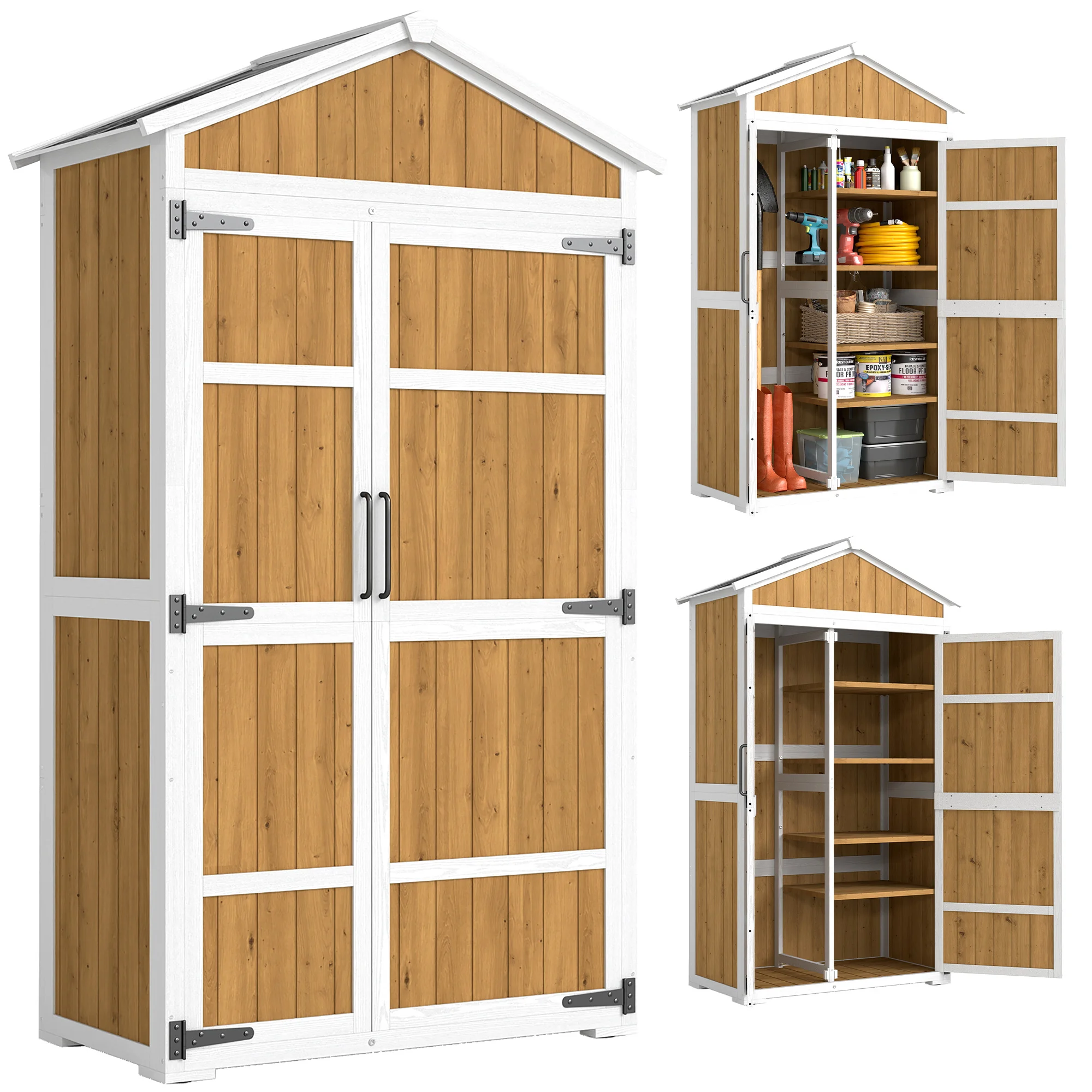 Outsunny Armoire de Jardin Abri de Jardin Étanche avec Toit en Métal Double Porte pour Outils de Jardinage 105x55x179cm Naturel