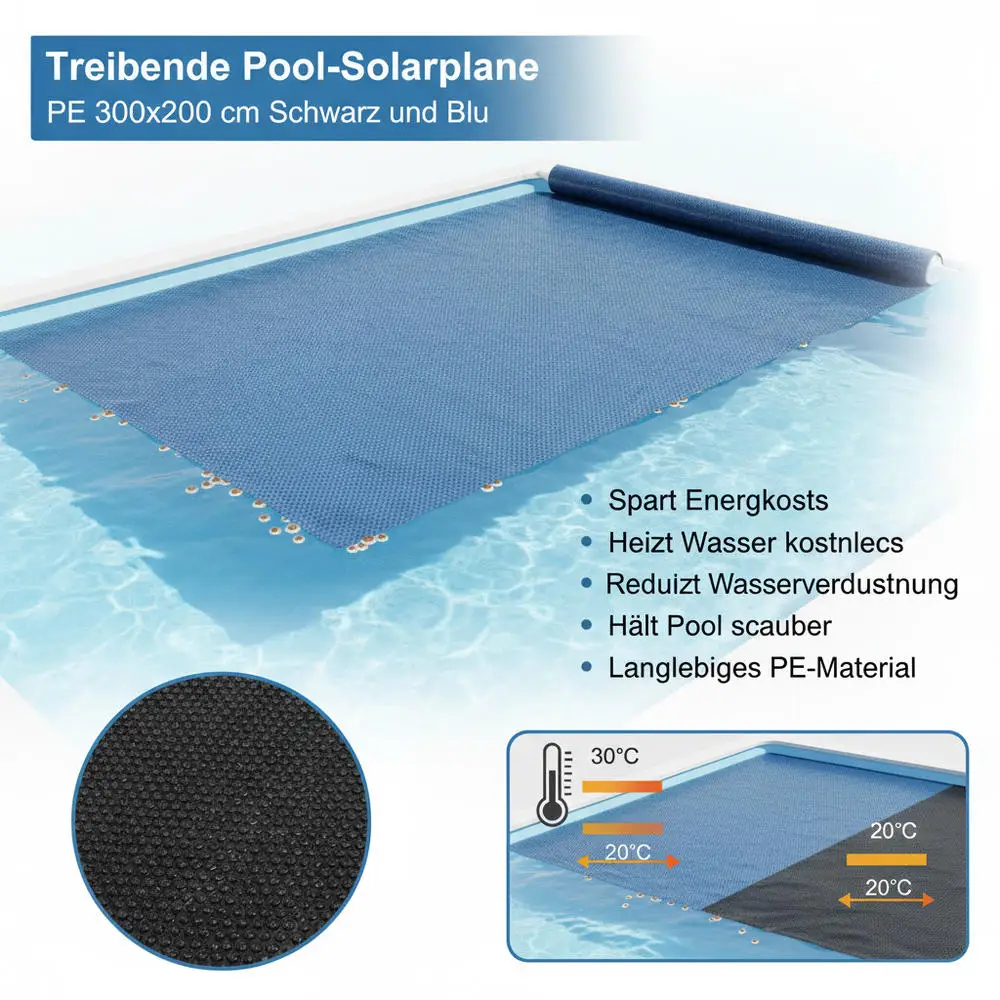 Couverture solaire pour piscine, couverture flottante pour piscine, couverture anti-évaporation pour piscine, couverture solaire flottante pour piscine en PE 300x200 cm noir et bleu, couverture