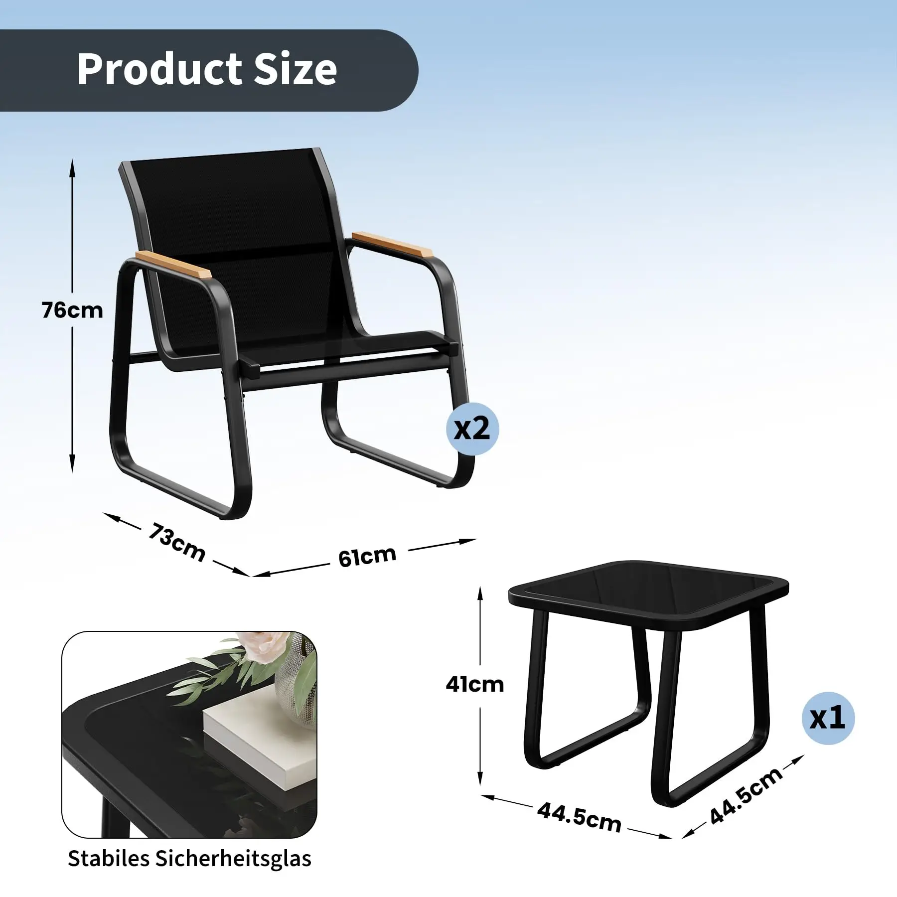 Ensemble de mobilier de jardin Série 3, ensemble de mobilier de balcon pour 2 personnes, 2 fauteuils, 1 table, mobilier de jardin en acier, salon de jardin, mobilier de patio résistant aux intempéries