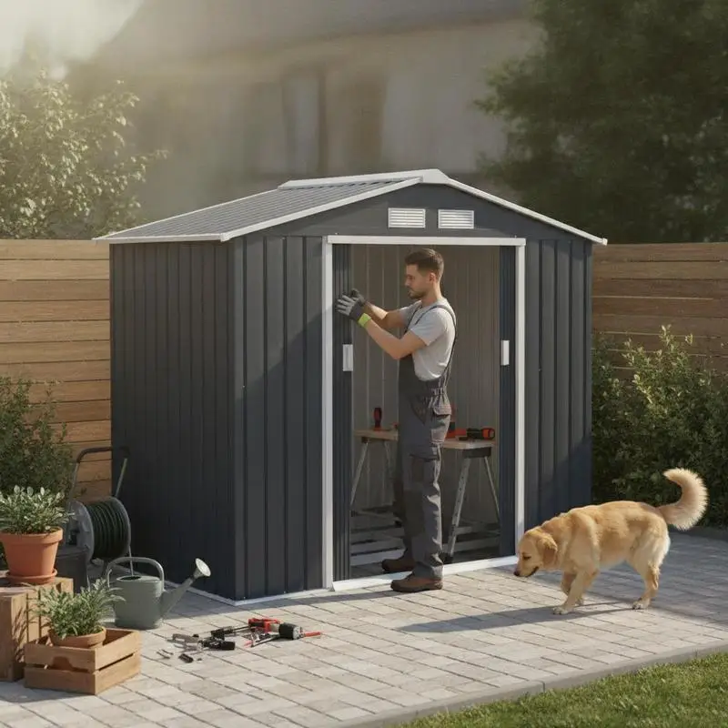 Armoire de jardin grise 105x55x179cm, abri de jardin avec toit en métal, double porte, structure solide résistante aux intempéries, grand rangement pour outils de jardinage, balcon, terrasse, patio,