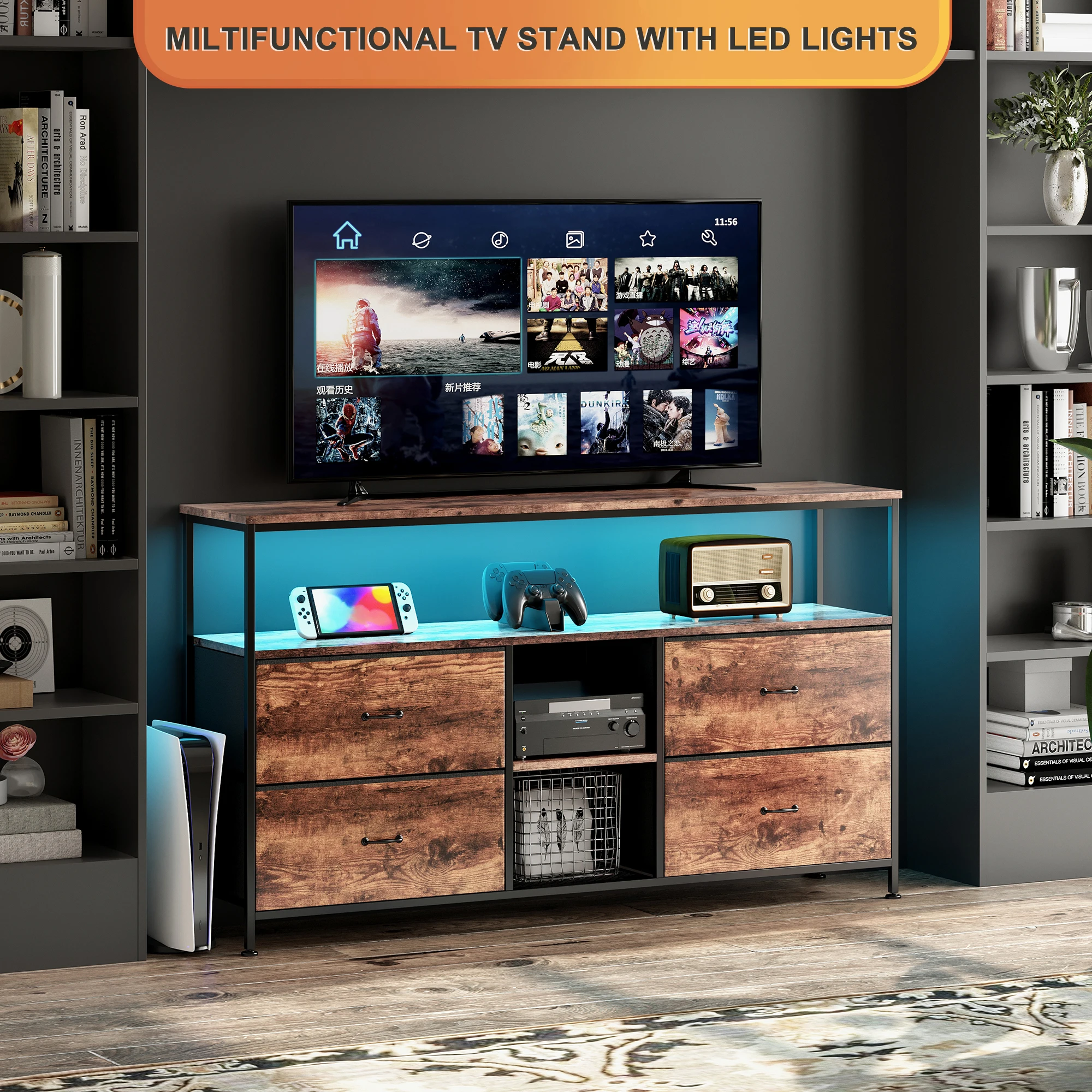 Creahappy, Meuble TV 108×29.8×76.8 cm avec 4 tiroirs, Meuble AV, Meuble de rangement multifonctionnel, Meuble de rangement pour salon, Meuble d'entrée, Buffet, Meuble bas, Meuble de rangement latéral,