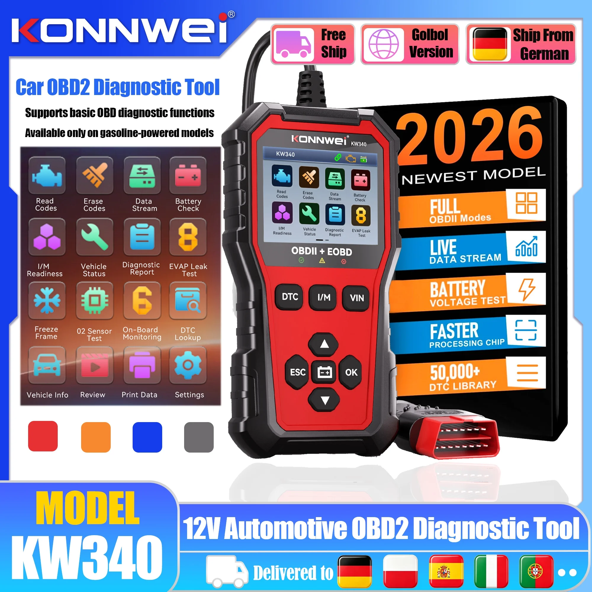 Lecteur de codes de diagnostic automobile KONNWEI KW340 OBD2 2026 – Lecture et effacement des codes d