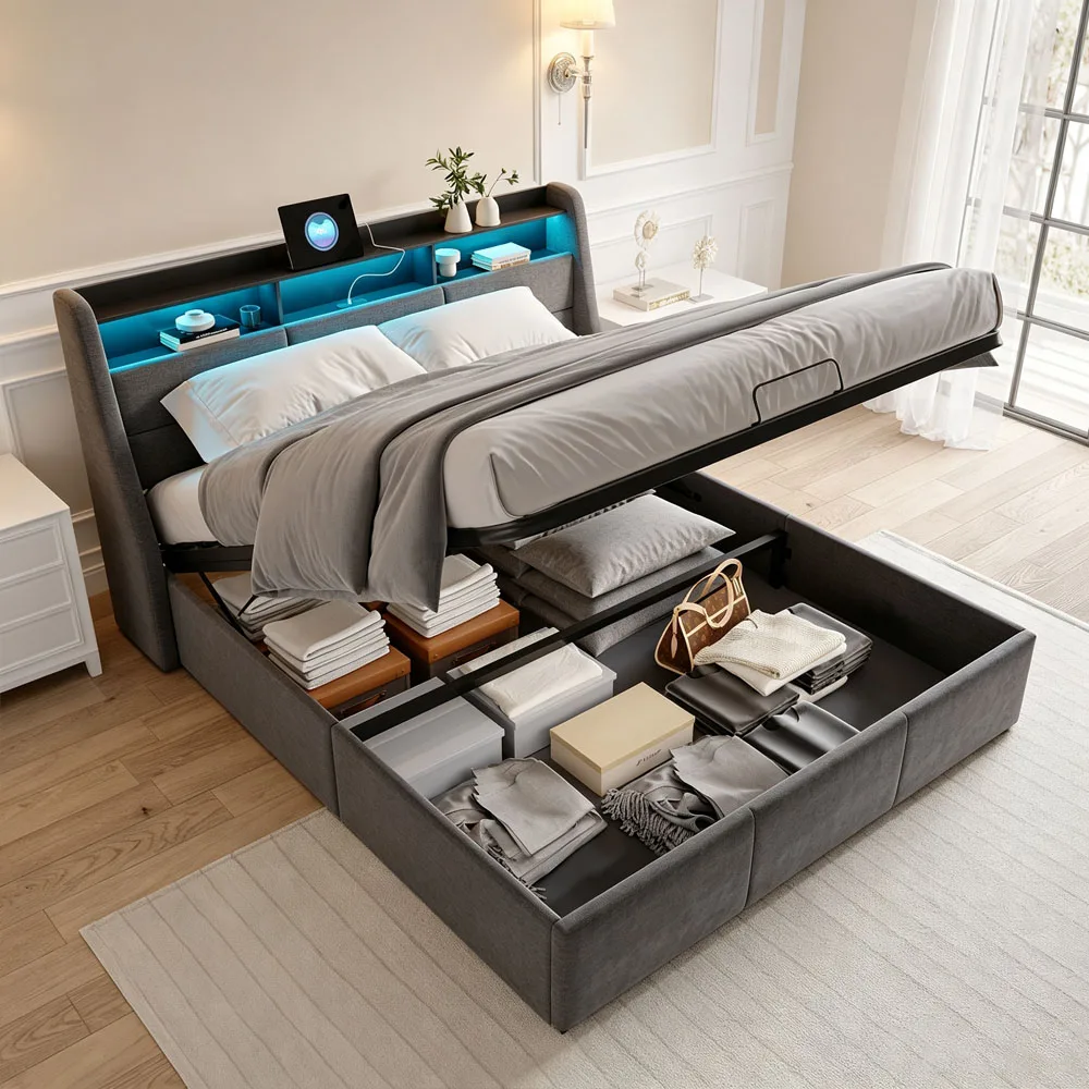 Lit hydraulique Superaly 140 x 190 cm, lit rembourré moderne gris avec grand espace de rangement, tête de lit avec compartiment de rangement, cadre de lit pour adolescents, linge de maison