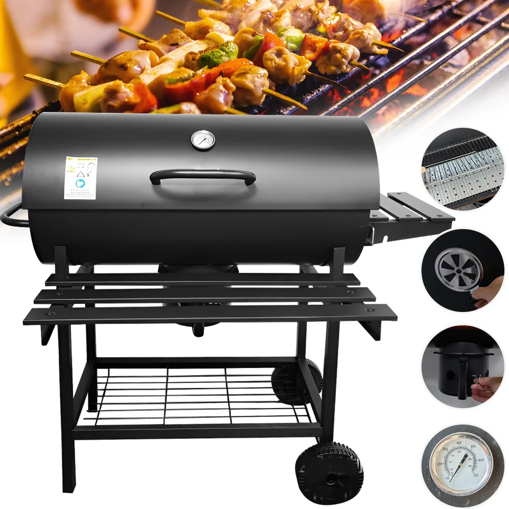 Barbecue avec thermomètre, chariot à roulettes, barbecue de camping, barbecue de jardin avec couvercle, barbecue multifonction pour pique-nique