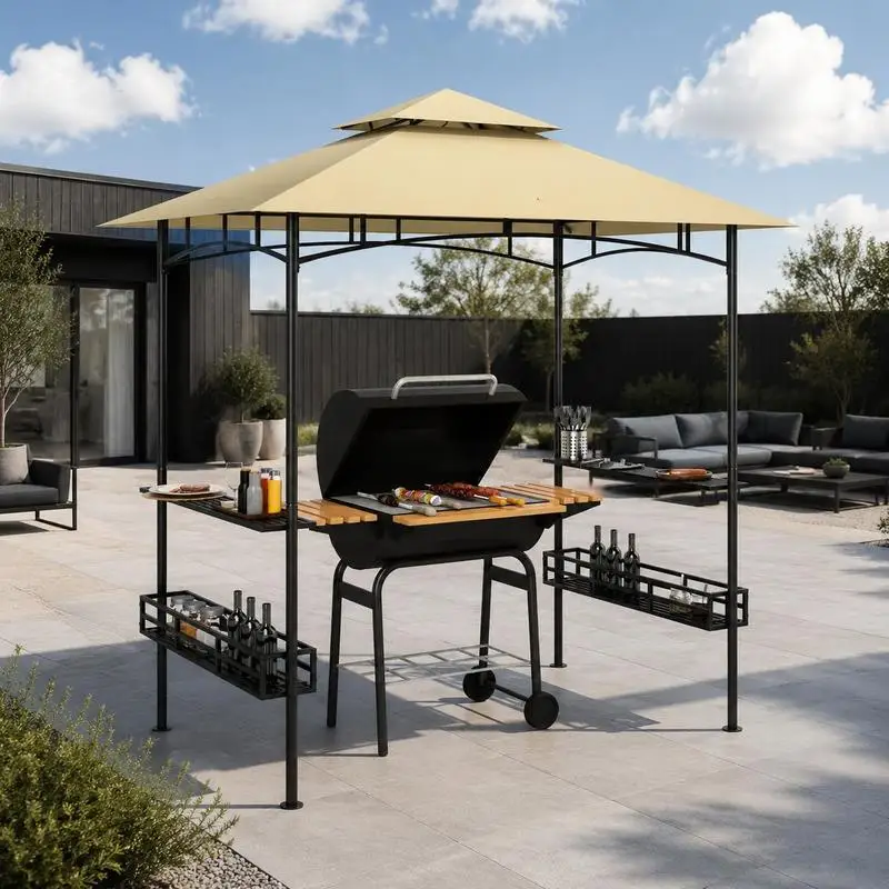 Gazebo de jardin pour barbecue avec étagère latérale et crochets, tente de jardin en acier robuste beige pour terrasse, jardin, fêtes et événements