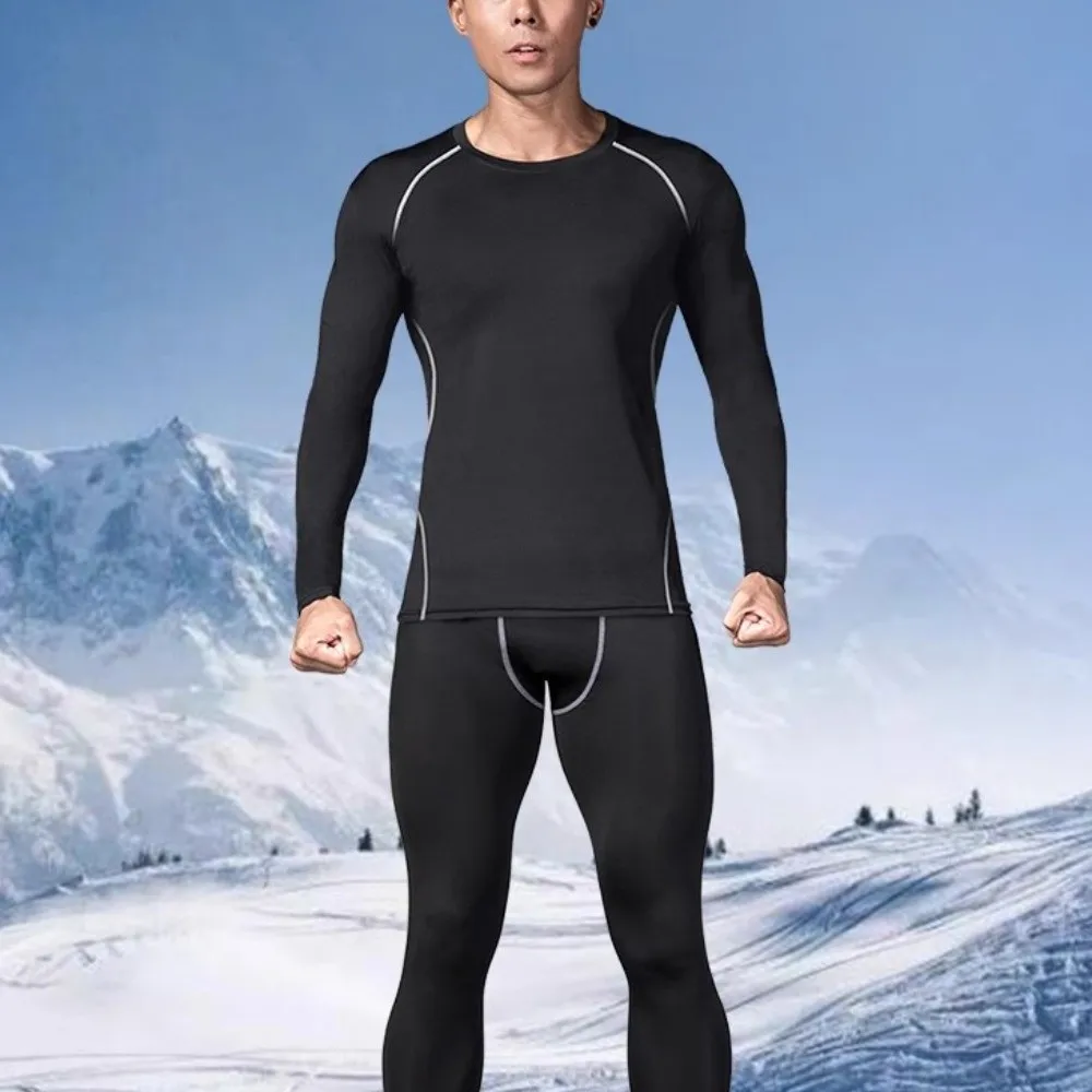 Ensemble 2 pièces de sous-vêtements thermiques de ski pour hommes, séchage rapide, en polaire douce, coupe ajustée, confortable et élastique (haut et pantalon)