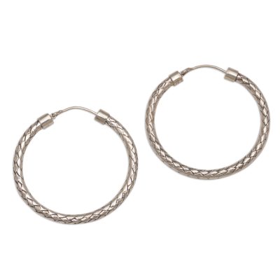 Celuk Circles,'Sterling Silver Hoop Earrings with Woven Design (1.3 Inch)'