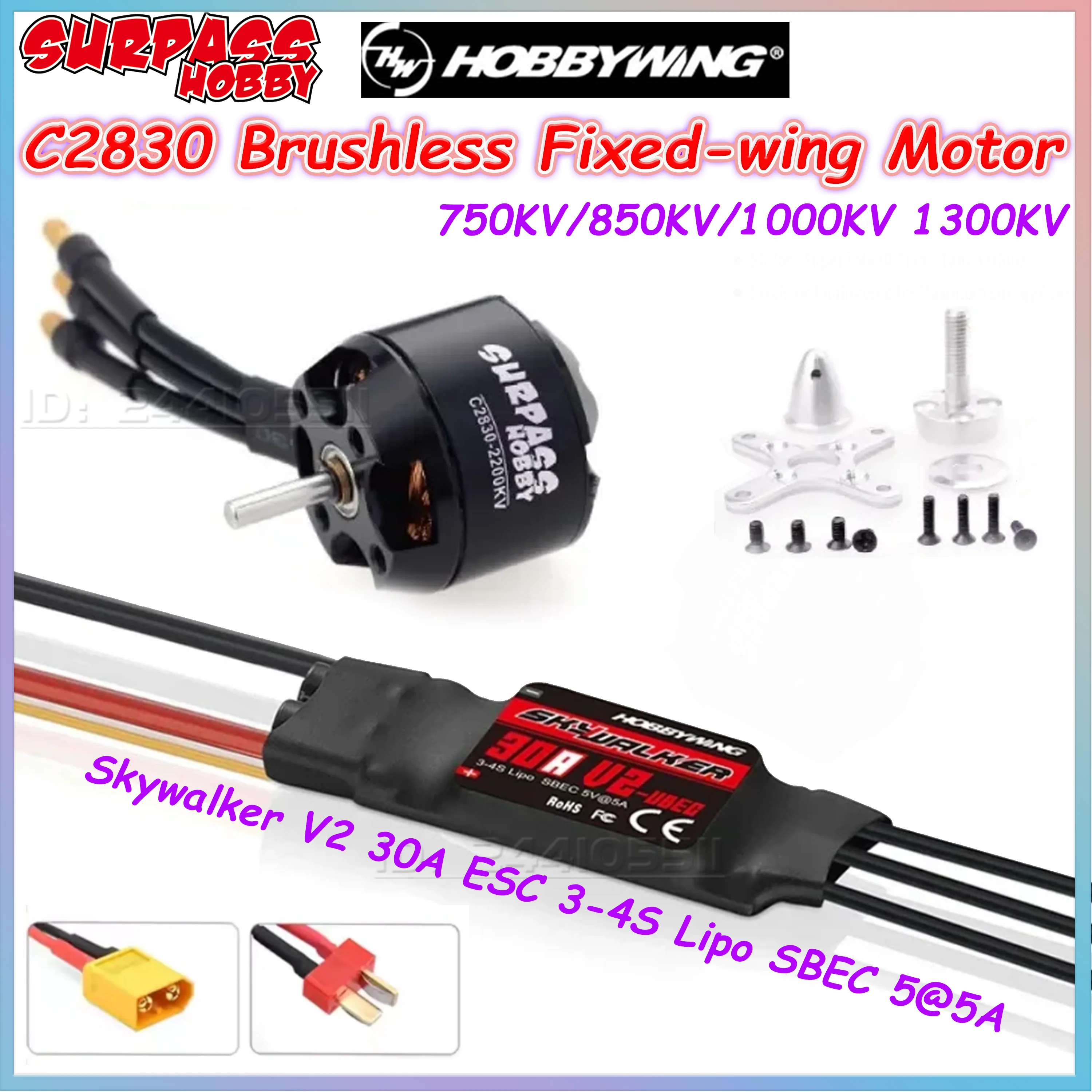 SURPASS HOBBY C 2830 750KV 850KV 1000KV 1300KV Brushless Motor Skywalker V2 30A ESC 3-4S Lipo for RC Fixed-wing Airplane Glider