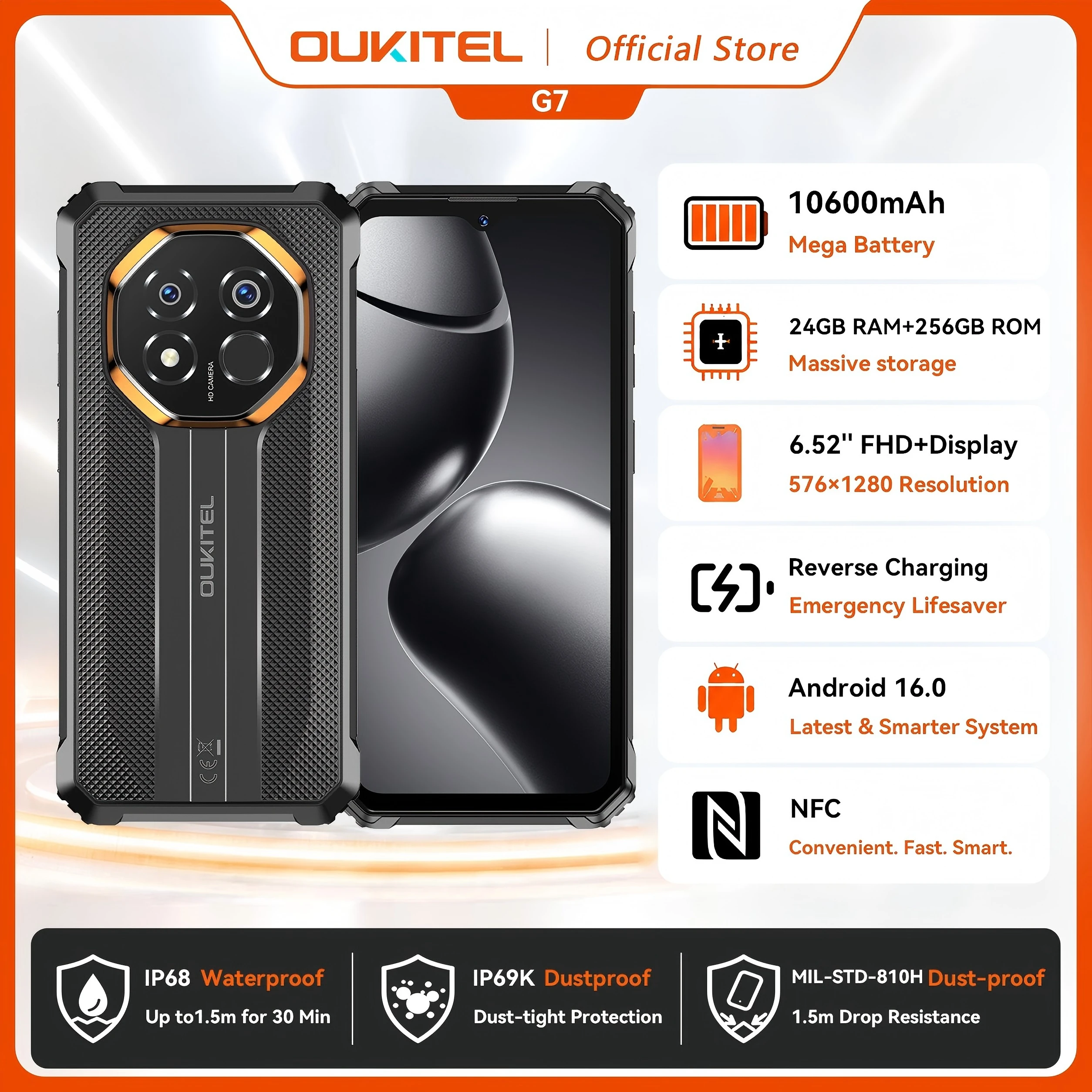OUKITEL G7 10600mAh Rugged Smartphone 24GB (8+16)+256GB, 6.52