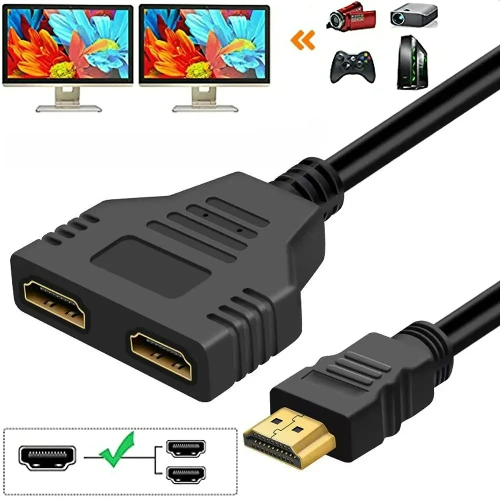 HD 1080P Male to 2 Female Splitter Cable 1 in 2 Out HDTV Adapter Converter Extension Cable 30CM for TV Box Projector Monitor