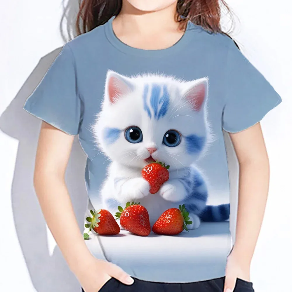 Children's Clothes 3d Print Kawaii Cat Pattern T Shirts Short Sleeve Tops 2024 Kids Clothing Girls Boys Clothes 2 To 8 Years