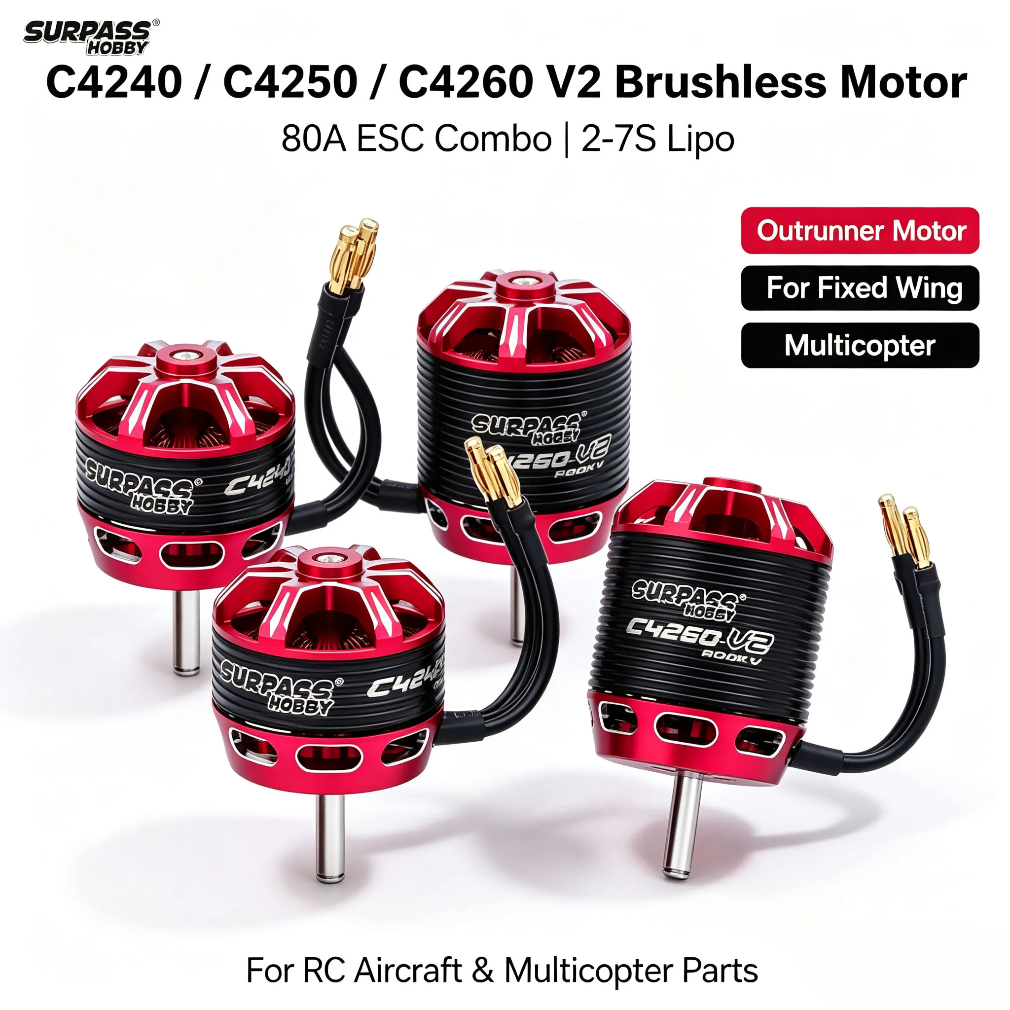 SURPASS HOBBY C4240/ C4250/ C4260 V2 Outrunner Brushless Motor 80A ESC Combo 2-7S Lipo for RC Fixed Wing Aircraft Multicopter