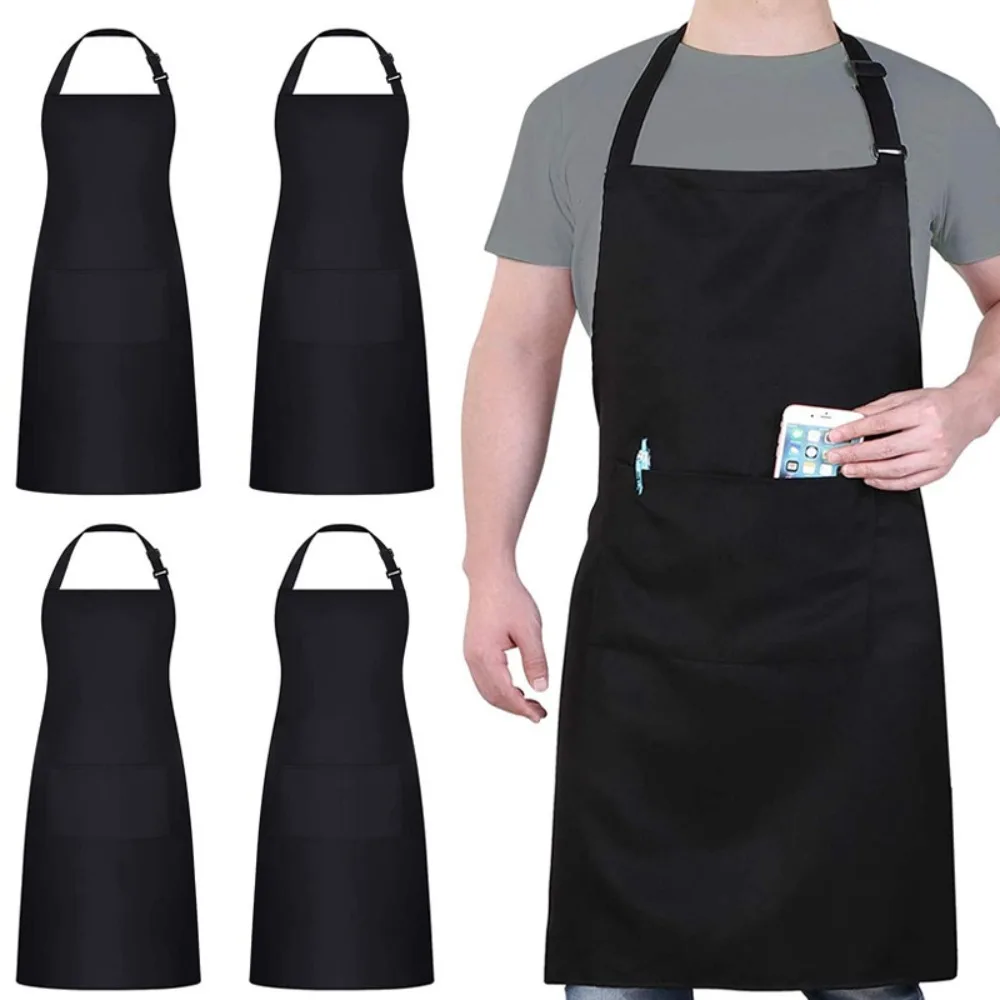 New Unisex Bib Apron Black with 2 Pockets Kitchen Apron Waterdrop Resistant Waiter Apron BBQ Kitchen Apron Practical Accessories