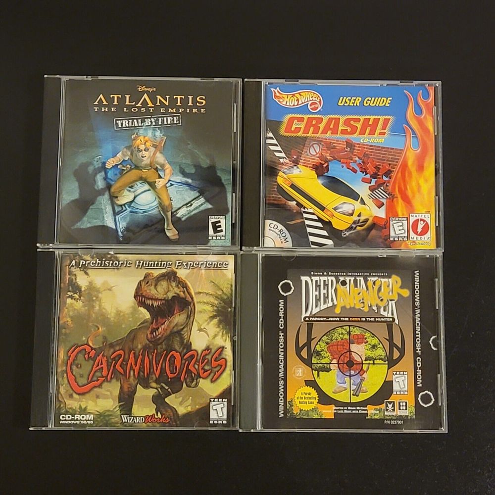 Disney Video Games & Consoles | Vtg Pc Cd-Rom 4 Games Carnivores / Atlantis / Deer Hunter / Hot Wheels Crash | Color: Blue | Size: Os