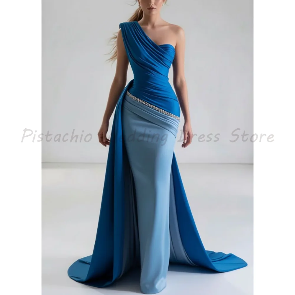 Luxury Color Block Blue Satin Formal Gown Asymmetric One Shoulder Draped Top Crystal Embellished Waist Mermaid Maxi Party Dress