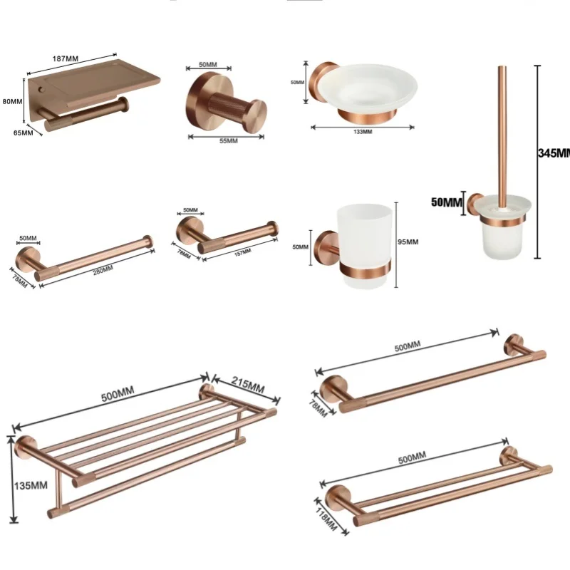 Ensemble d'accessoires en or rose brossé : porte-serviettes mural, porte-brosse WC, porte-papier toilette, barre porte-serviettes, porte-savon, quincaillerie