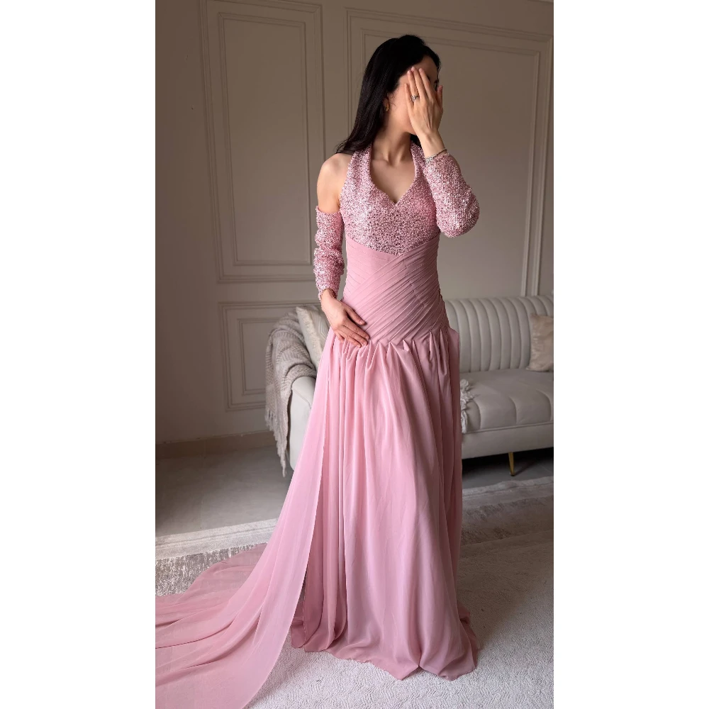 Customized Halter Off Shoulder Chiffon Mermaid Evening Gown Sequin Bodice Ruched Waist Flowy Train Formal فساتين سهرة فاخرة