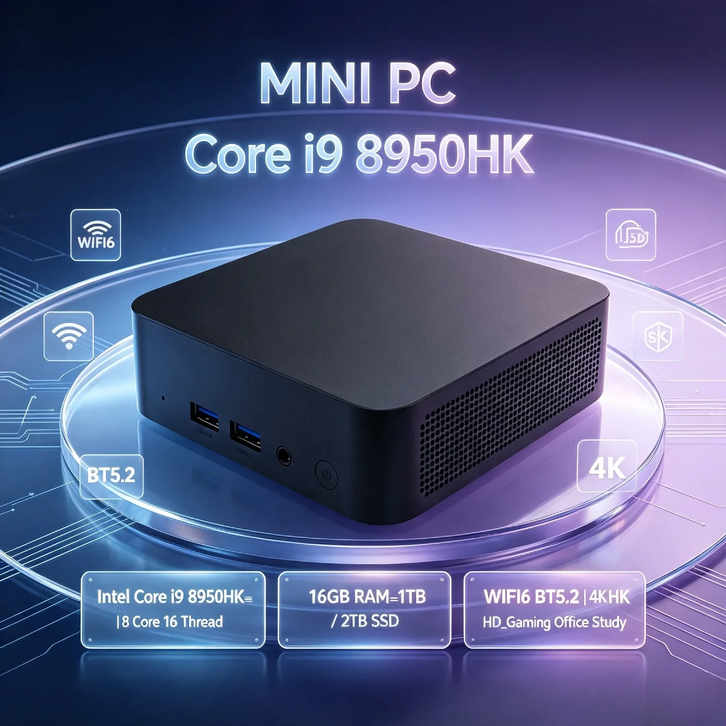 Core i9 8950HK Intel Mini PC 16GB RAM 1TB 2TB SSD M.2 WiFi 6 BT5.2 Low Power NVMe Desktop Computer Pro Unit
