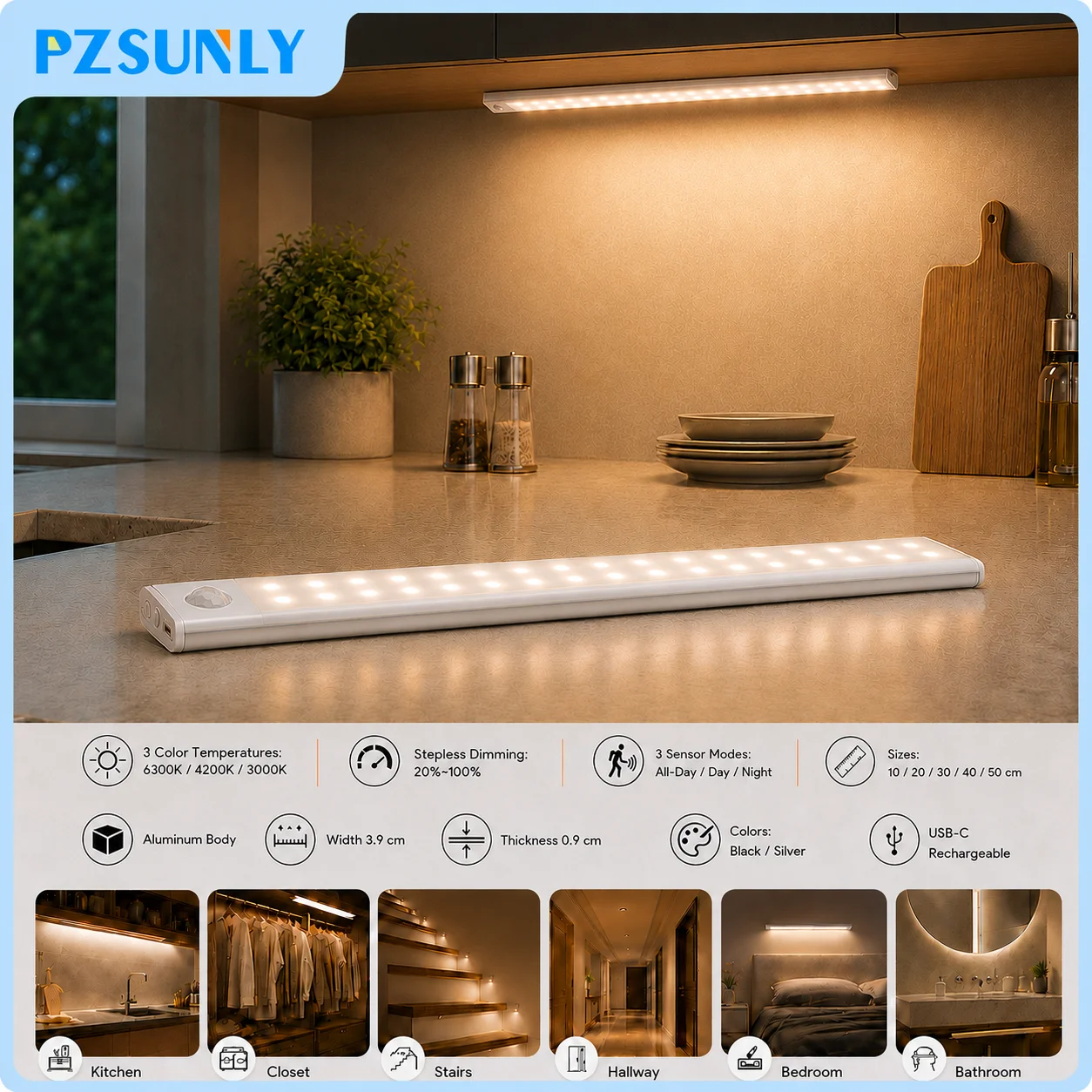 PZSUNLY LED-Nachtlicht, USB Typ C, wiederaufladbar, Bewegungsmelder, LED-Lampe für Küche, Kleiderschrank, Schrankbeleuchtung, 10 cm/20 cm/30 cm/40 cm/50 cm