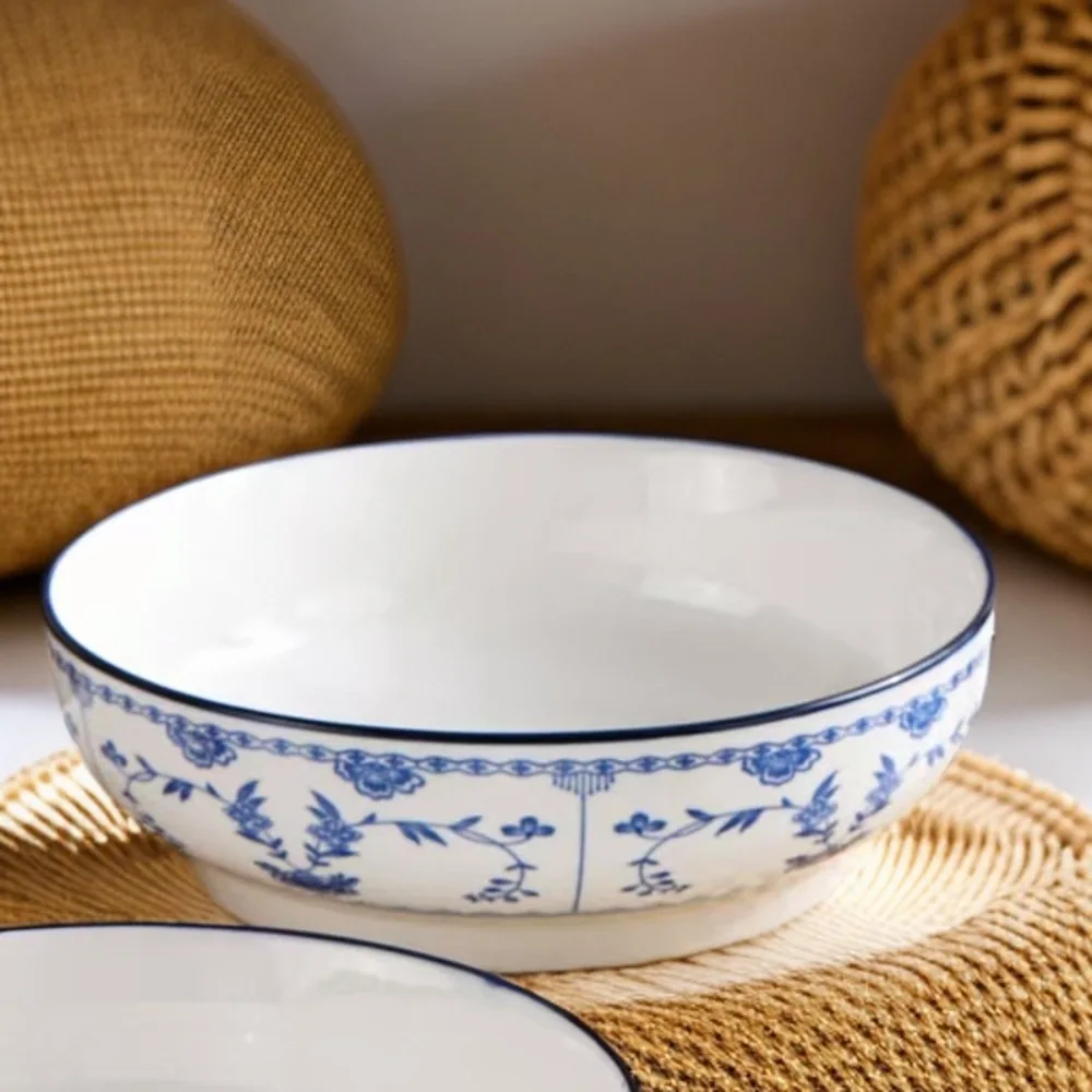 9 Inch Retro Blue & White Twig Large Ceramic Soup Bowl Set, Chinese Underglaze Pattern Noodle Ramen Bowl for Household Daily Use