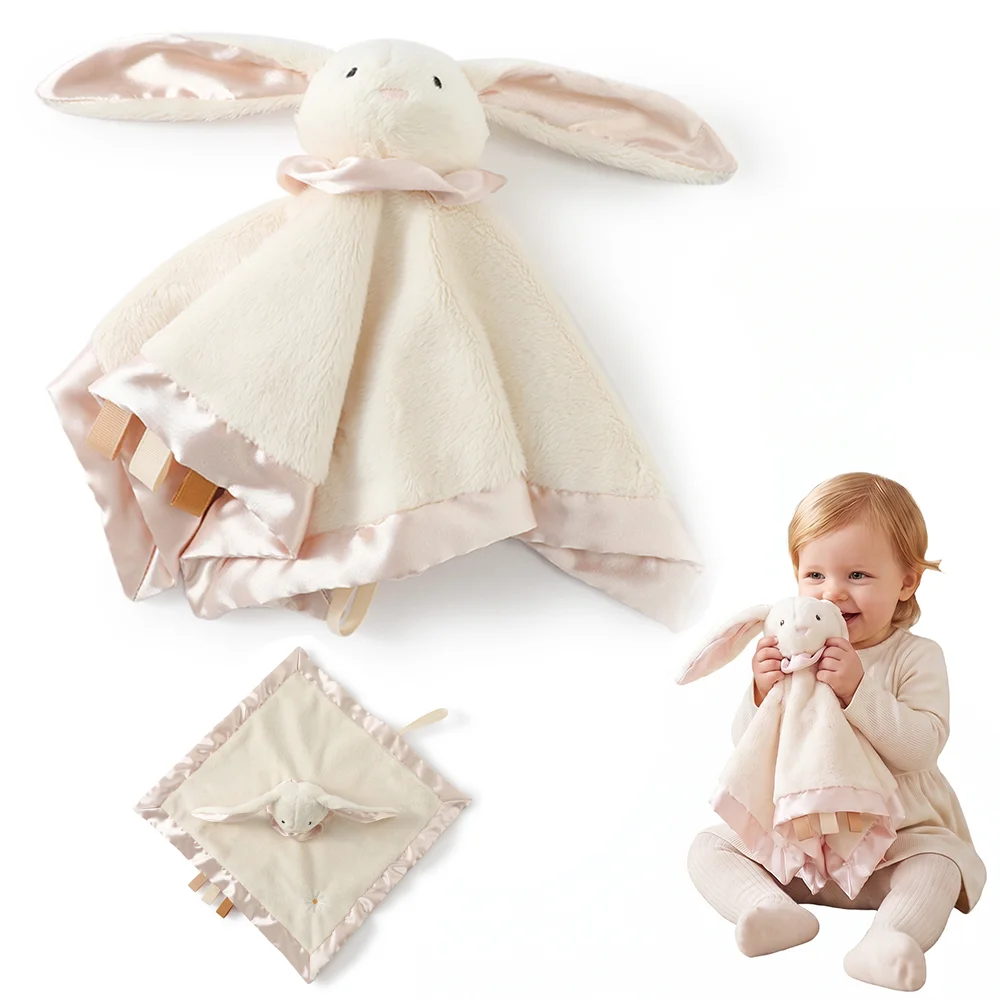 Satin-Hasen-Sicherheitsdecke Weiche Plüsch-Doppelseitige Textur Baby-Spielzeug mit Band Taktiles Sensorisches Spielzeug zur Angstlinderung für Neugeborene