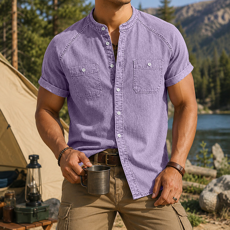 SoftFade™ Men Shirt Casual Shirt Button Up Shirt Cargo Shirt Demin Shirt Acid Wash Shirt Light Green Purple khaki Light Blue Short Sleeve Plain Shirt Collar Mandarin Collar Casual Daily Clothing